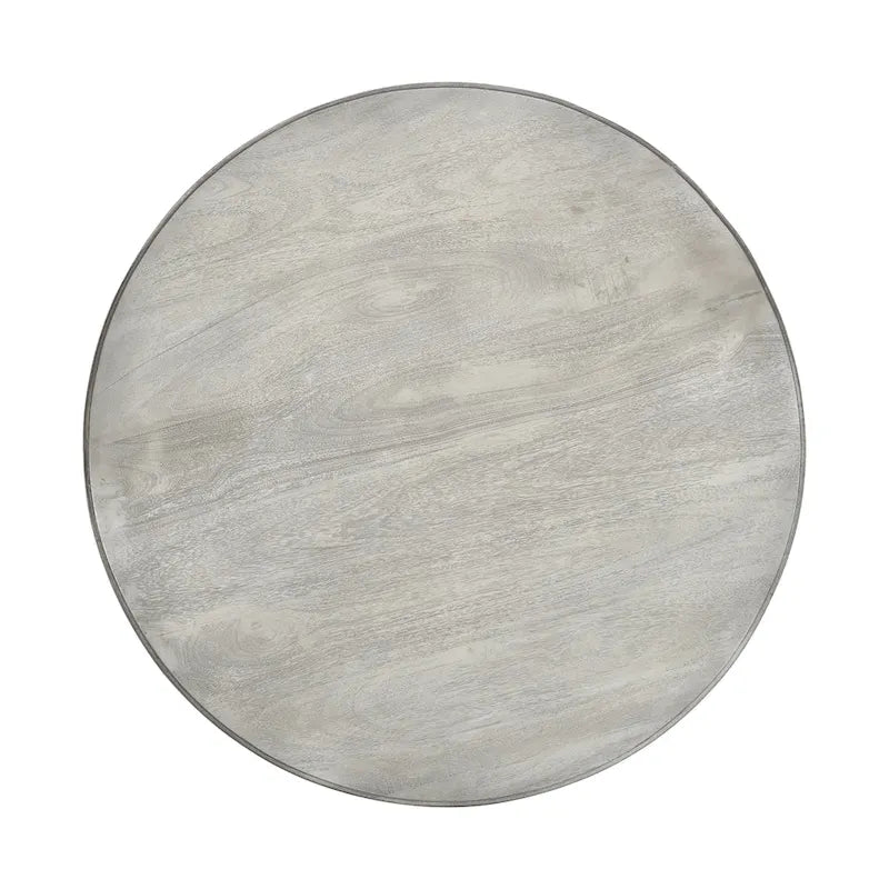 Table à manger 42 po, en bois de mangue fait à la main, piédestal, plateau moulé rond, blanc délavé, gris