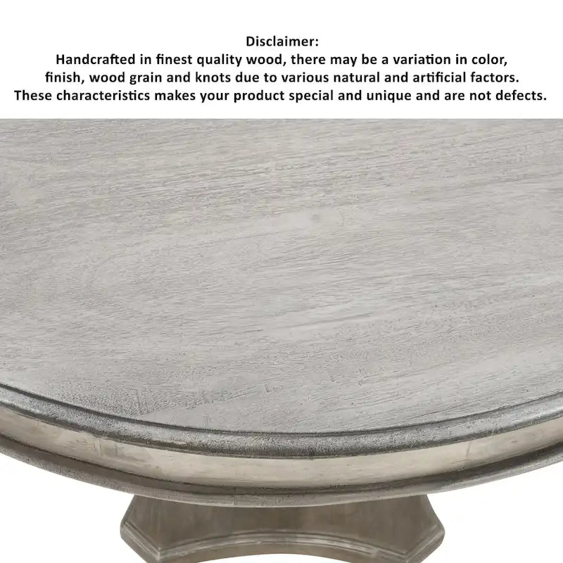Table à manger 42 po, en bois de mangue fait à la main, piédestal, plateau moulé rond, blanc délavé, gris