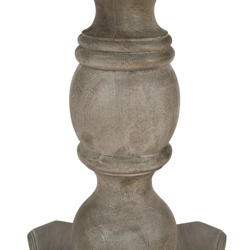 Table à manger 42 po, en bois de mangue fait à la main, piédestal, plateau moulé rond, blanc délavé, gris