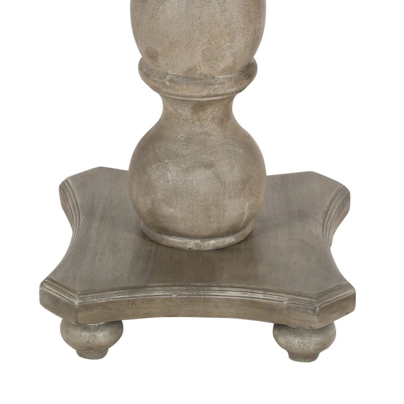 Table à manger 42 po, en bois de mangue fait à la main, piédestal, plateau moulé rond, blanc délavé, gris