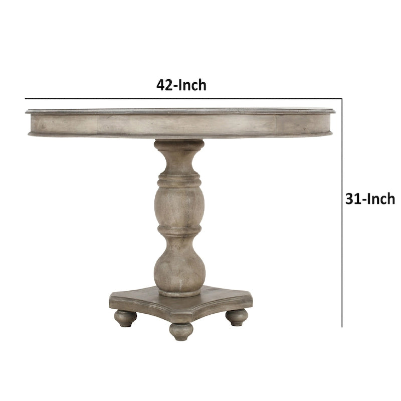 Table à manger 42 po, en bois de mangue fait à la main, piédestal, plateau moulé rond, blanc délavé, gris