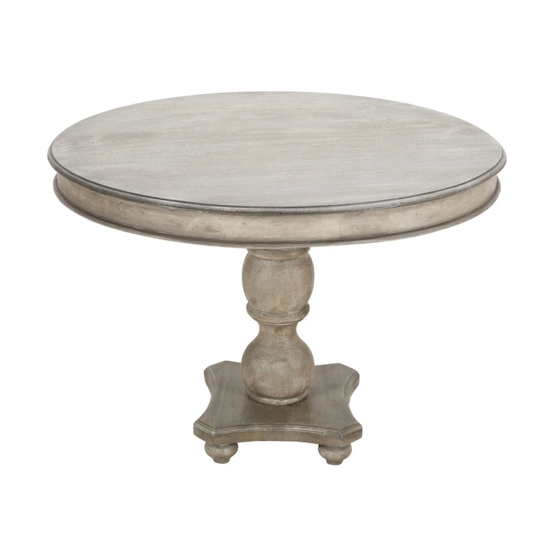 Table à manger 42 po, en bois de mangue fait à la main, piédestal, plateau moulé rond, blanc délavé, gris