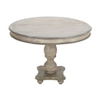 Table à manger 42 po, en bois de mangue fait à la main, piédestal, plateau moulé rond, blanc délavé, gris