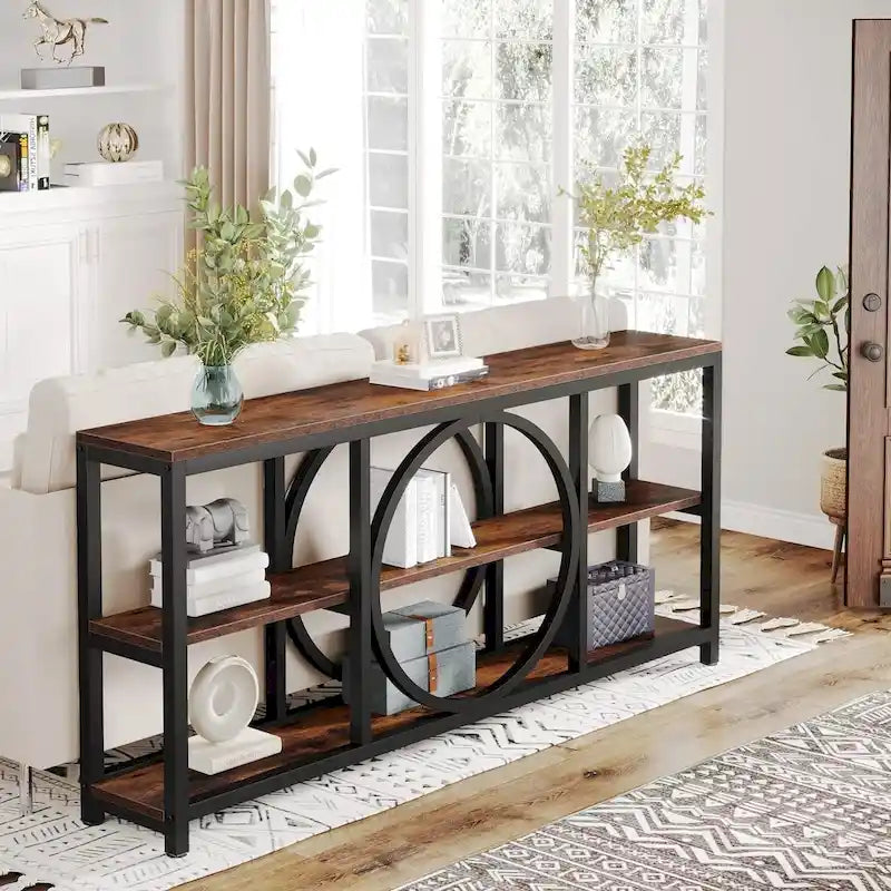 Table console de 70,9 pouces avec pieds en métal au design créatif, tables d'appoint étroites et longues à 3 niveaux pour entrée
