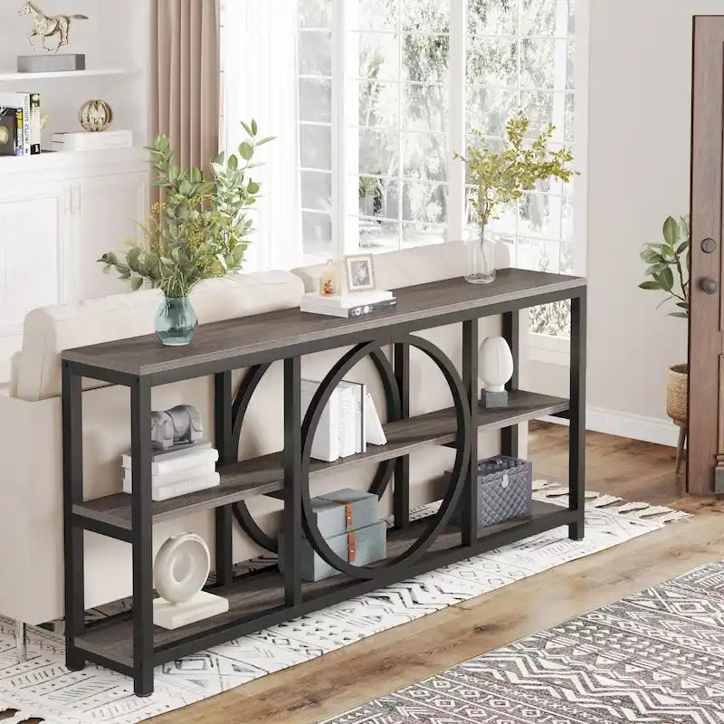 Table console de 70,9 pouces avec pieds en métal au design créatif, tables d'appoint étroites et longues à 3 niveaux pour entrée