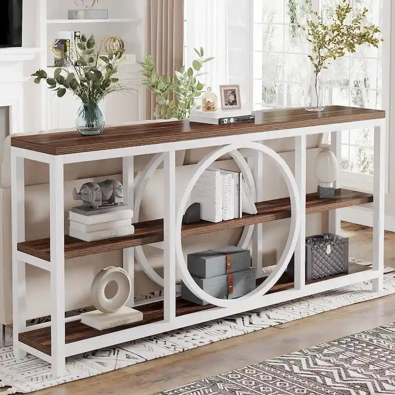 Table console de 70,9 pouces avec pieds en métal au design créatif, tables d'appoint étroites et longues à 3 niveaux pour entrée