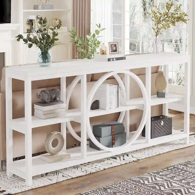 Table console de 70,9 pouces avec pieds en métal au design créatif, tables d'appoint étroites et longues à 3 niveaux pour entrée