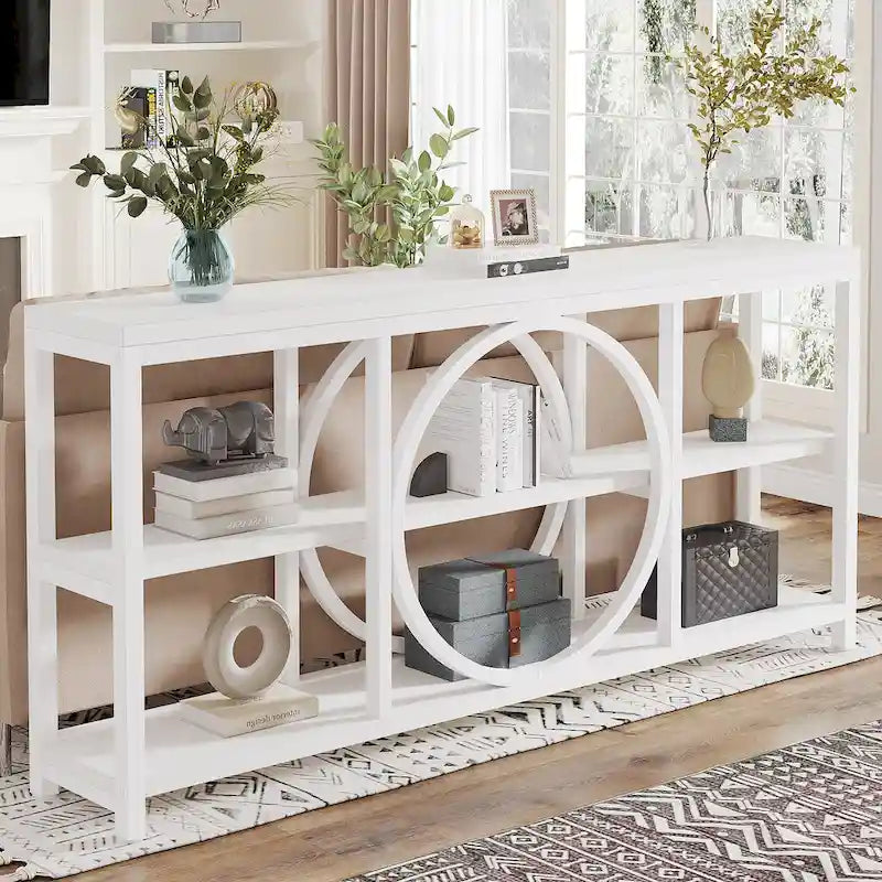 Table console de 70,9 pouces avec pieds en métal au design créatif, tables d'appoint étroites et longues à 3 niveaux pour entrée