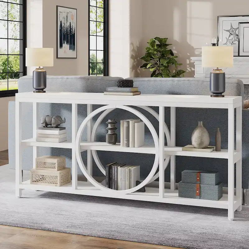 Table console de 70,9 pouces avec pieds en métal au design créatif, tables d'appoint étroites et longues à 3 niveaux pour entrée