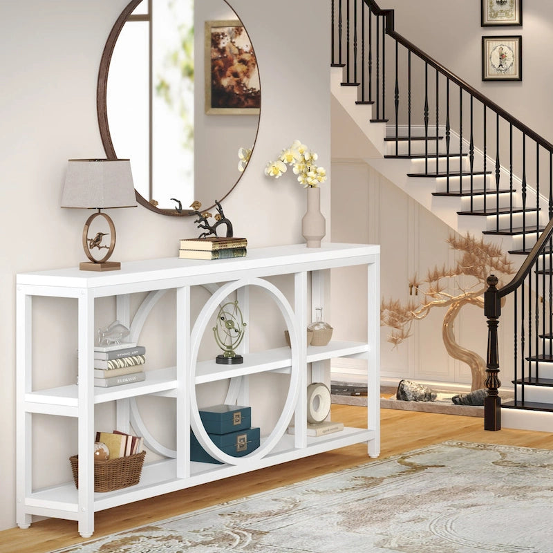Table console de 70,9 pouces avec pieds en métal au design créatif, tables d'appoint étroites et longues à 3 niveaux pour entrée