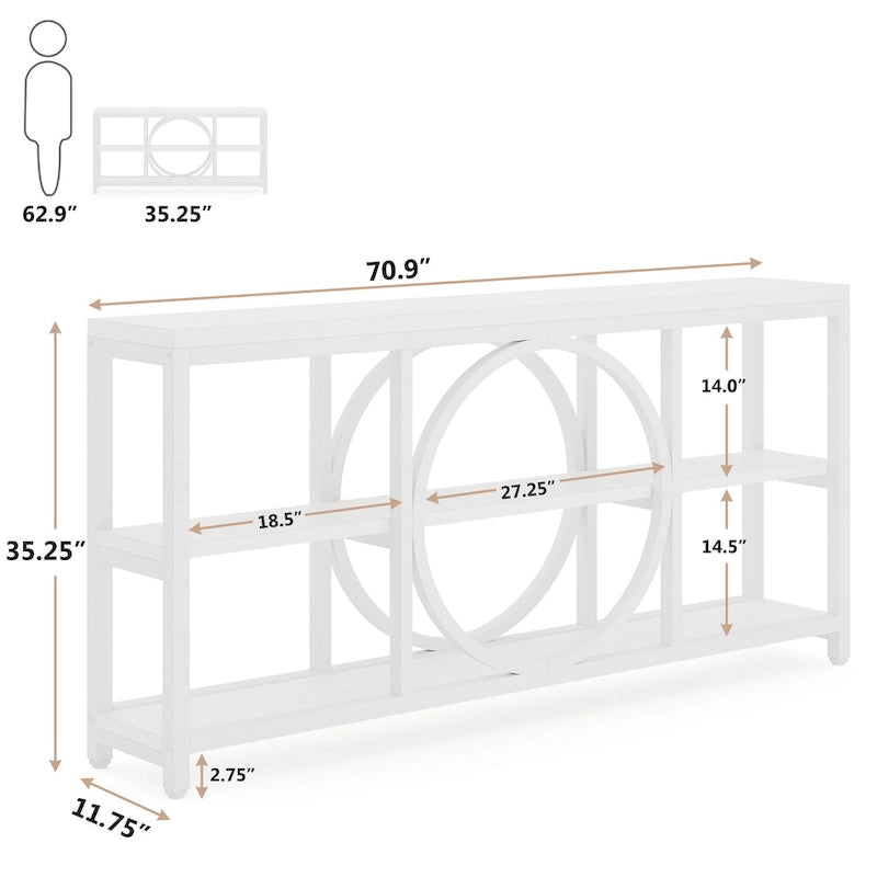 Table console de 70,9 pouces avec pieds en métal au design créatif, tables d'appoint étroites et longues à 3 niveaux pour entrée