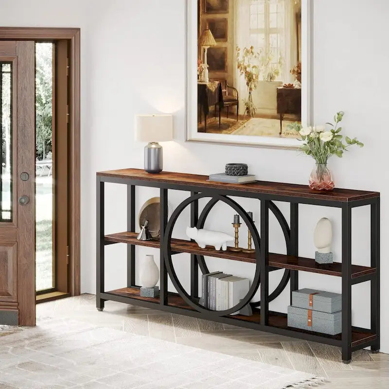 Table console de 70,9 pouces avec pieds en métal au design créatif, tables d'appoint étroites et longues à 3 niveaux pour entrée