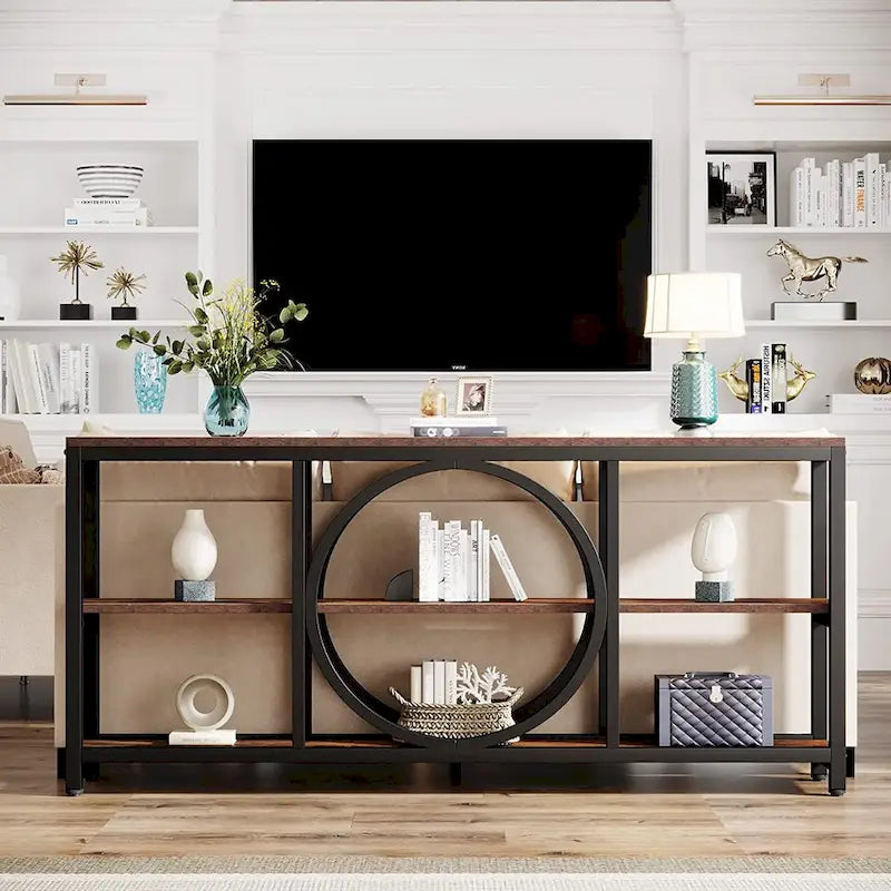 Table console de 70,9 pouces avec pieds en métal au design créatif, tables d'appoint étroites et longues à 3 niveaux pour entrée