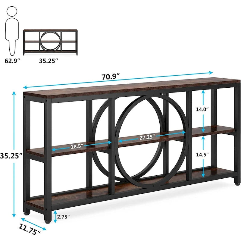 Table console de 70,9 pouces avec pieds en métal au design créatif, tables d'appoint étroites et longues à 3 niveaux pour entrée