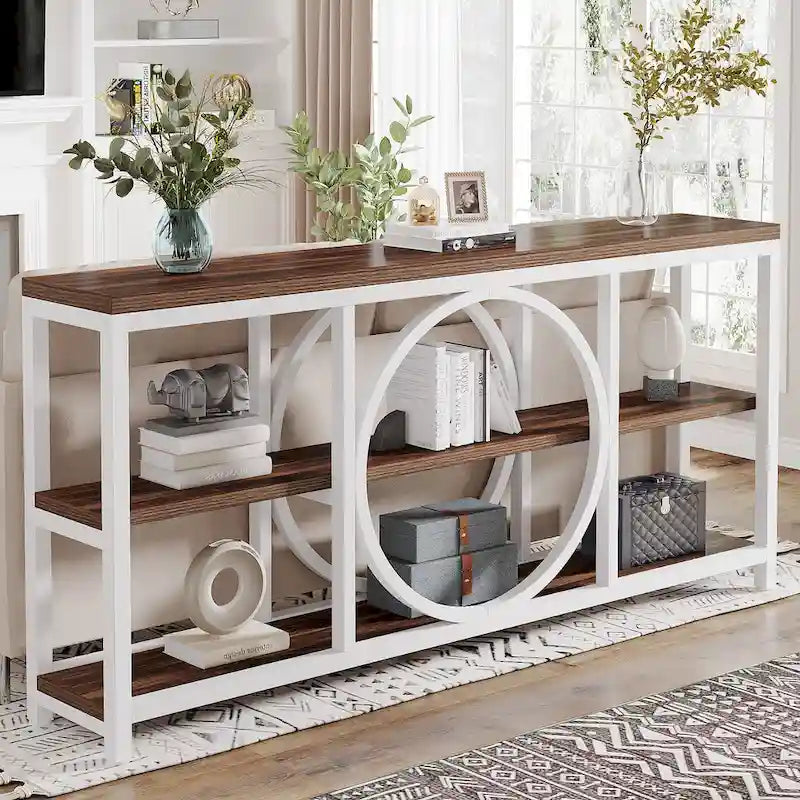 Table console de 70,9 pouces avec pieds en métal au design créatif, tables d'appoint étroites et longues à 3 niveaux pour entrée