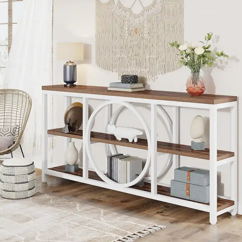 Table console de 70,9 pouces avec pieds en métal au design créatif, tables d'appoint étroites et longues à 3 niveaux pour entrée