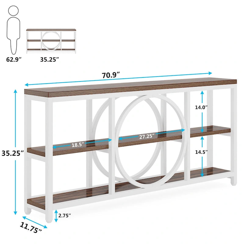 Table console de 70,9 pouces avec pieds en métal au design créatif, tables d'appoint étroites et longues à 3 niveaux pour entrée
