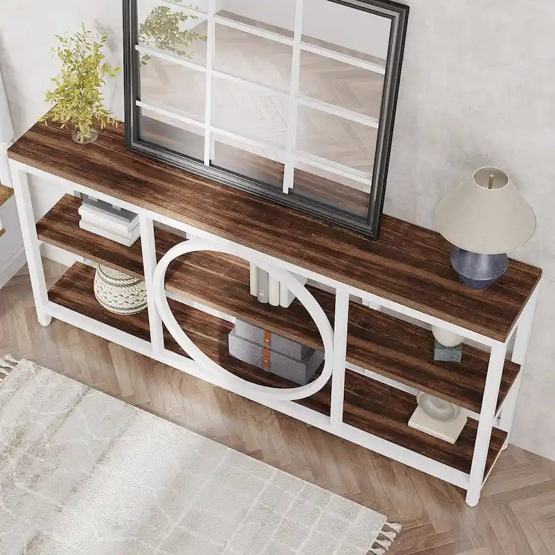 Table console de 70,9 pouces avec pieds en métal au design créatif, tables d'appoint étroites et longues à 3 niveaux pour entrée