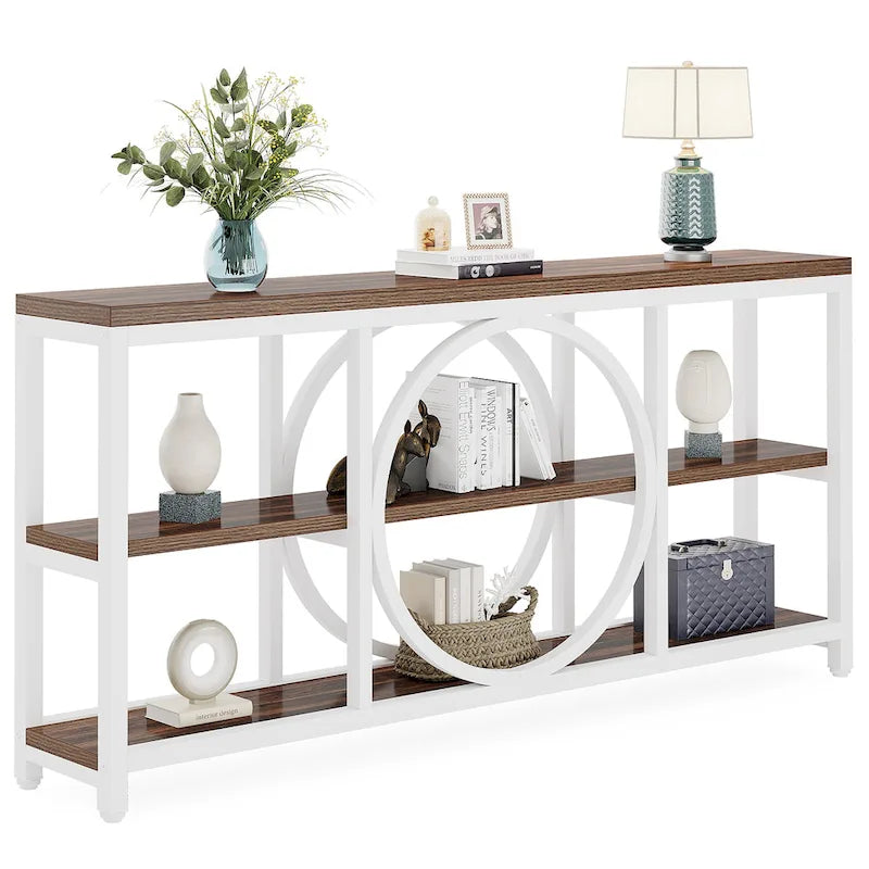 Table console de 70,9 pouces avec pieds en métal au design créatif, tables d'appoint étroites et longues à 3 niveaux pour entrée