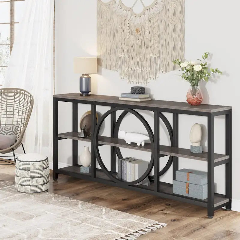 Table console de 70,9 pouces avec pieds en métal au design créatif, tables d'appoint étroites et longues à 3 niveaux pour entrée