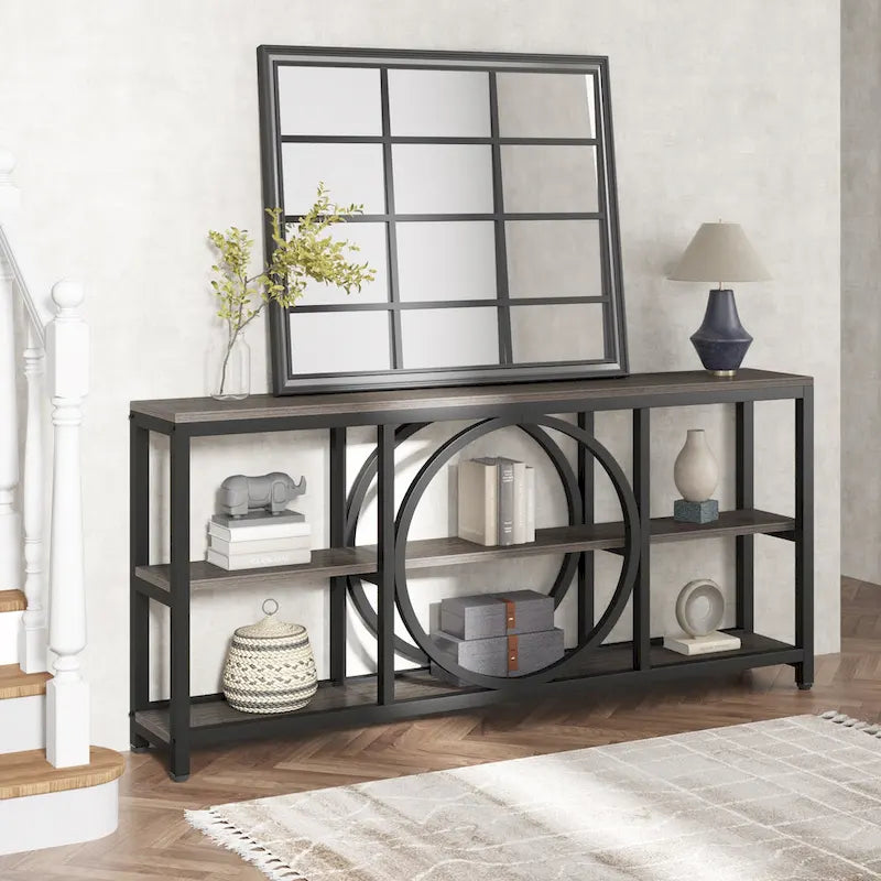 Table console de 70,9 pouces avec pieds en métal au design créatif, tables d'appoint étroites et longues à 3 niveaux pour entrée