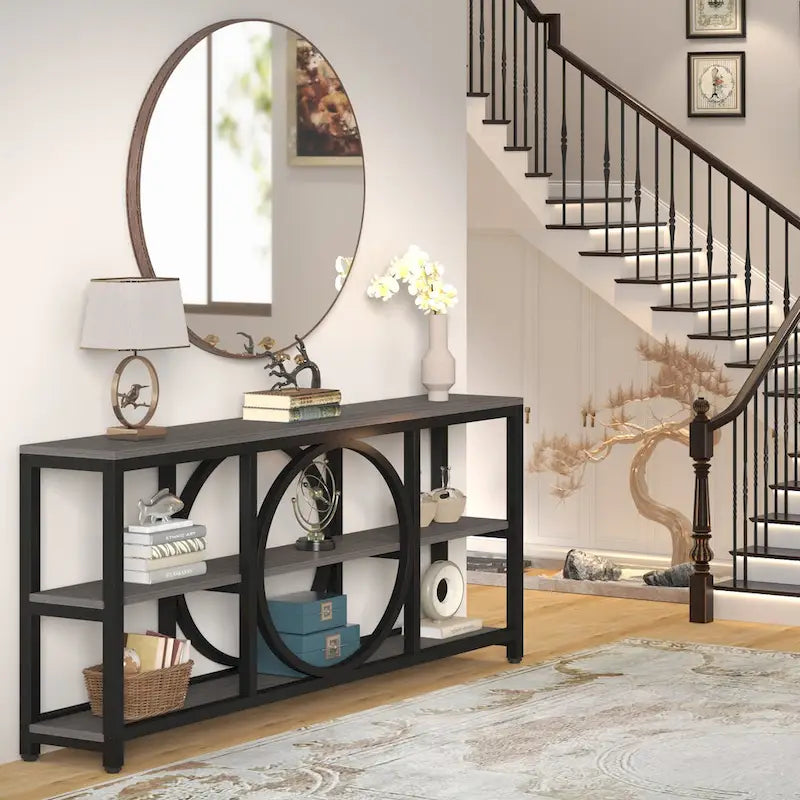 Table console de 70,9 pouces avec pieds en métal au design créatif, tables d'appoint étroites et longues à 3 niveaux pour entrée