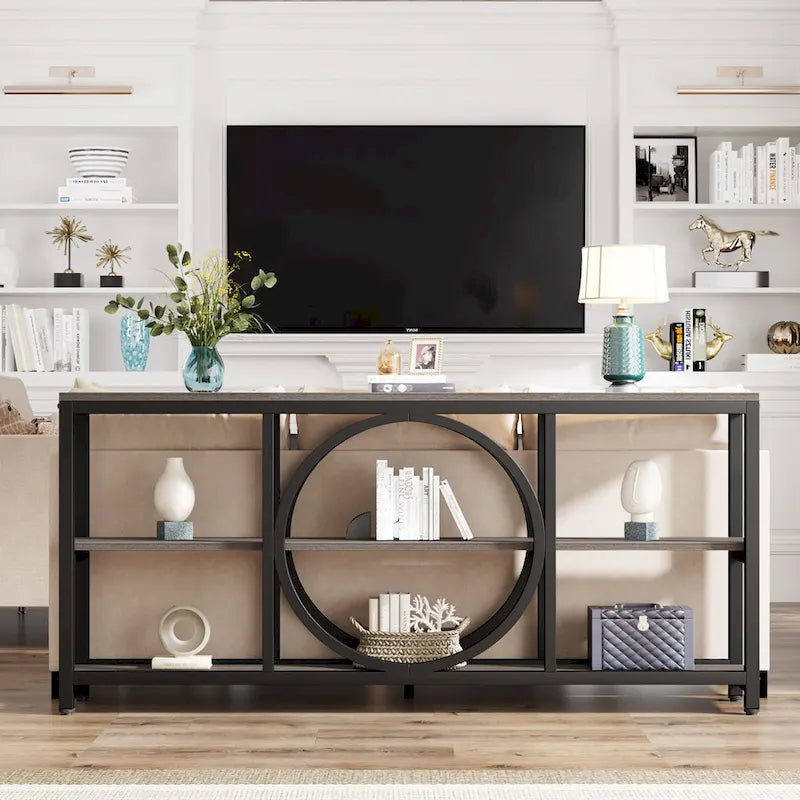 Table console de 70,9 pouces avec pieds en métal au design créatif, tables d'appoint étroites et longues à 3 niveaux pour entrée