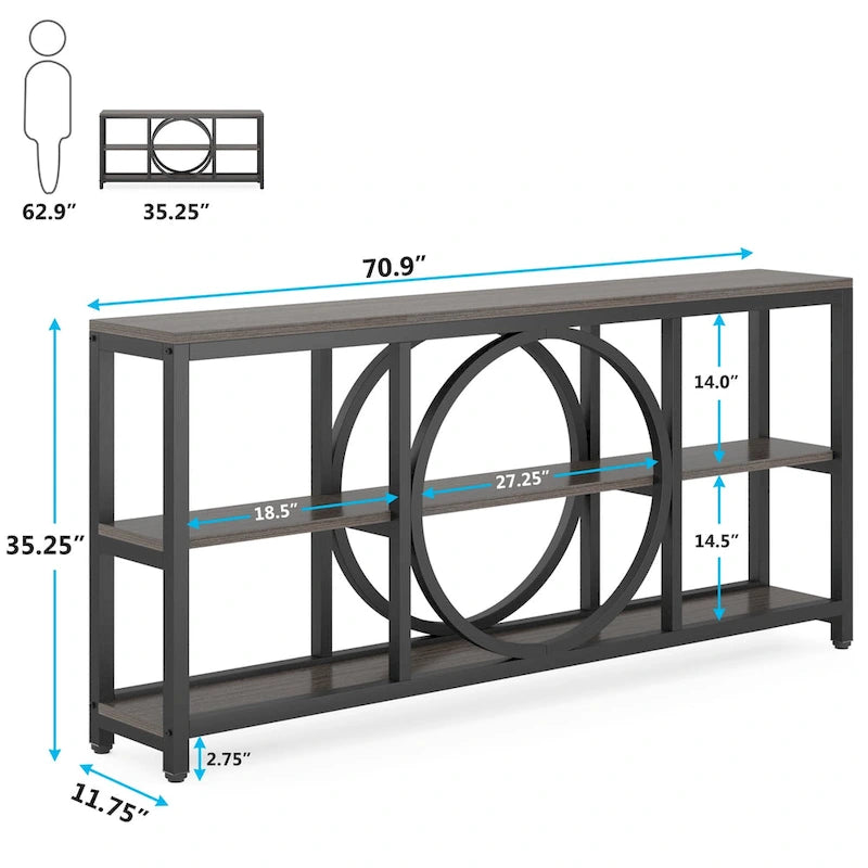 Table console de 70,9 pouces avec pieds en métal au design créatif, tables d'appoint étroites et longues à 3 niveaux pour entrée