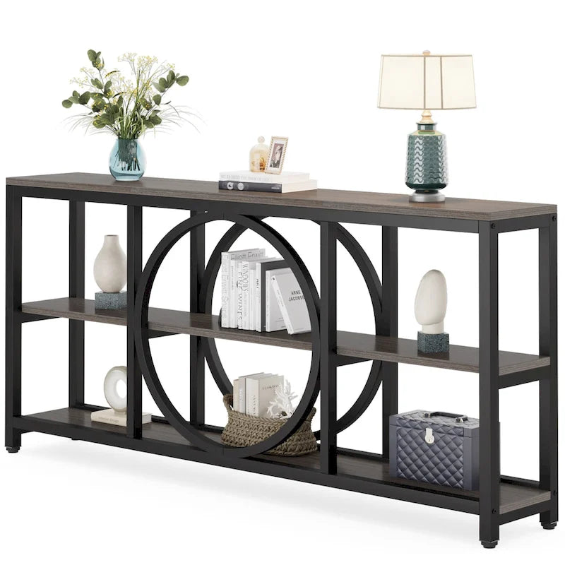 Table console de 70,9 pouces avec pieds en métal au design créatif, tables d'appoint étroites et longues à 3 niveaux pour entrée
