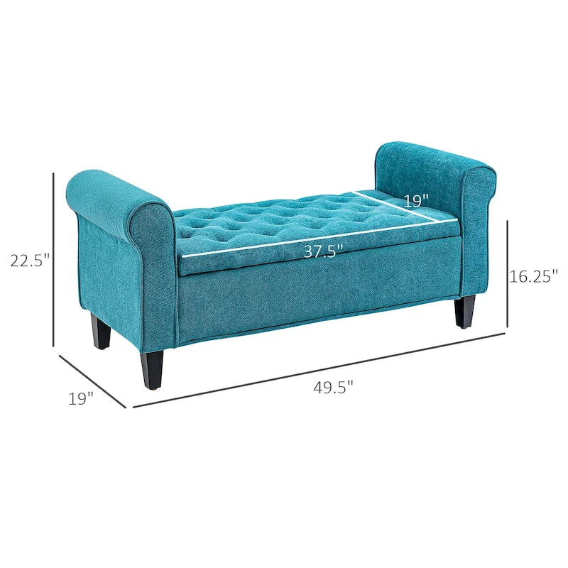Banc de rangement HOMCOM 50, banc capitonné en bout de lit avec accoudoirs roulés, pieds en bois, banc de rangement capitonné gris