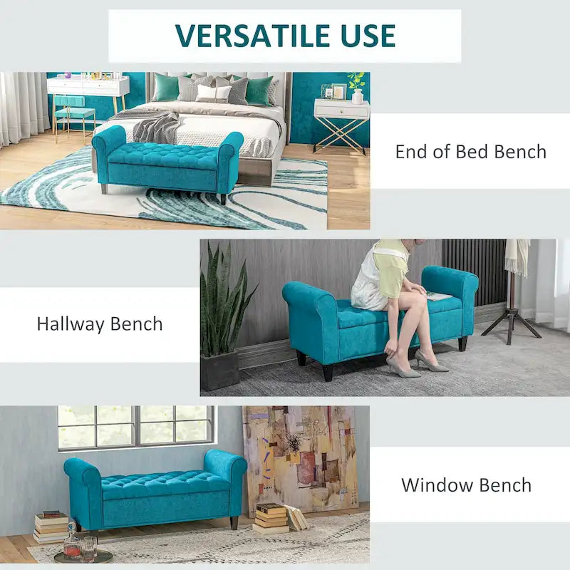 Banc de rangement HOMCOM 50, banc capitonné en bout de lit avec accoudoirs roulés, pieds en bois, banc de rangement capitonné gris