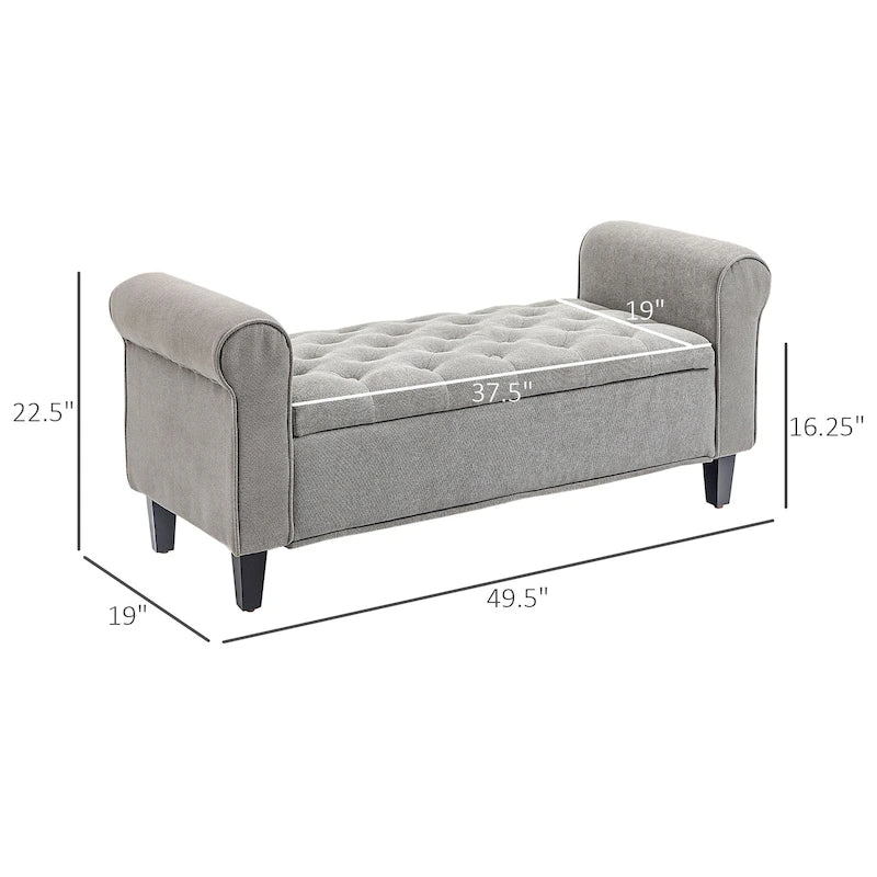 Banc de rangement HOMCOM 50, banc capitonné en bout de lit avec accoudoirs roulés, pieds en bois, banc de rangement capitonné gris
