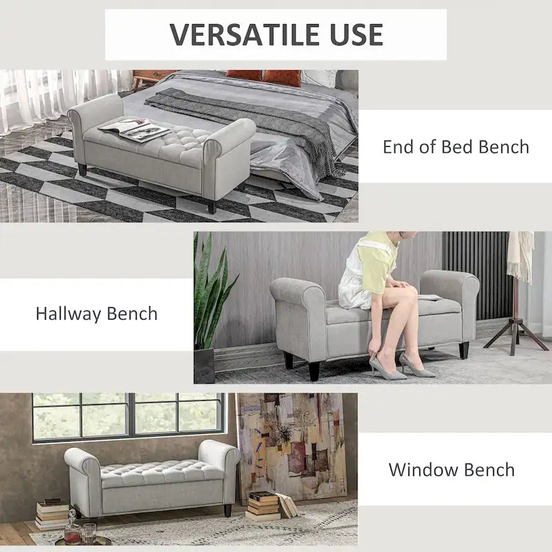 Banc de rangement HOMCOM 50, banc capitonné en bout de lit avec accoudoirs roulés, pieds en bois, banc de rangement capitonné gris