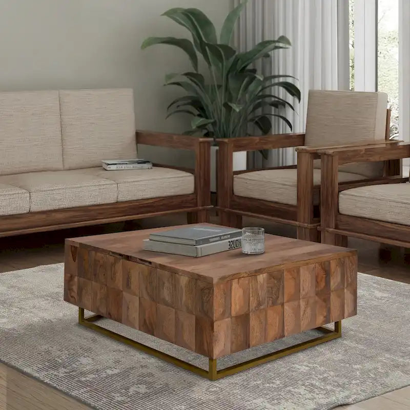Table basse coffre de rangement à plateau relevable de 33 pouces, carrée, en bois de manguier, marron naturel