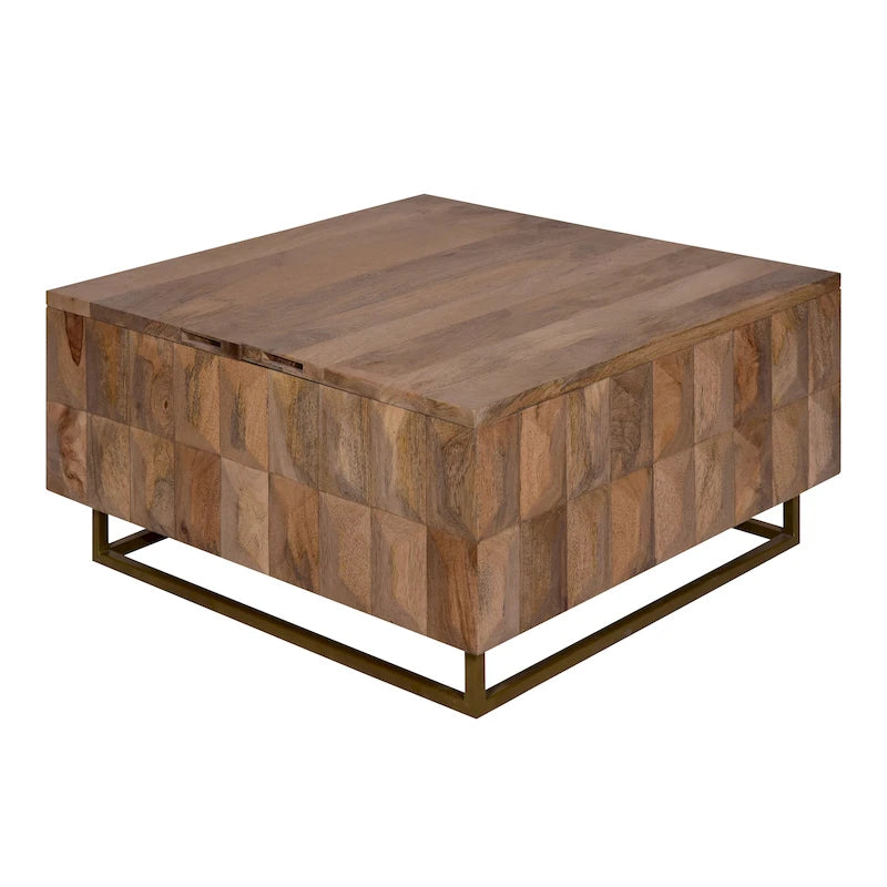 Table basse coffre de rangement à plateau relevable de 33 pouces, carrée, en bois de manguier, marron naturel