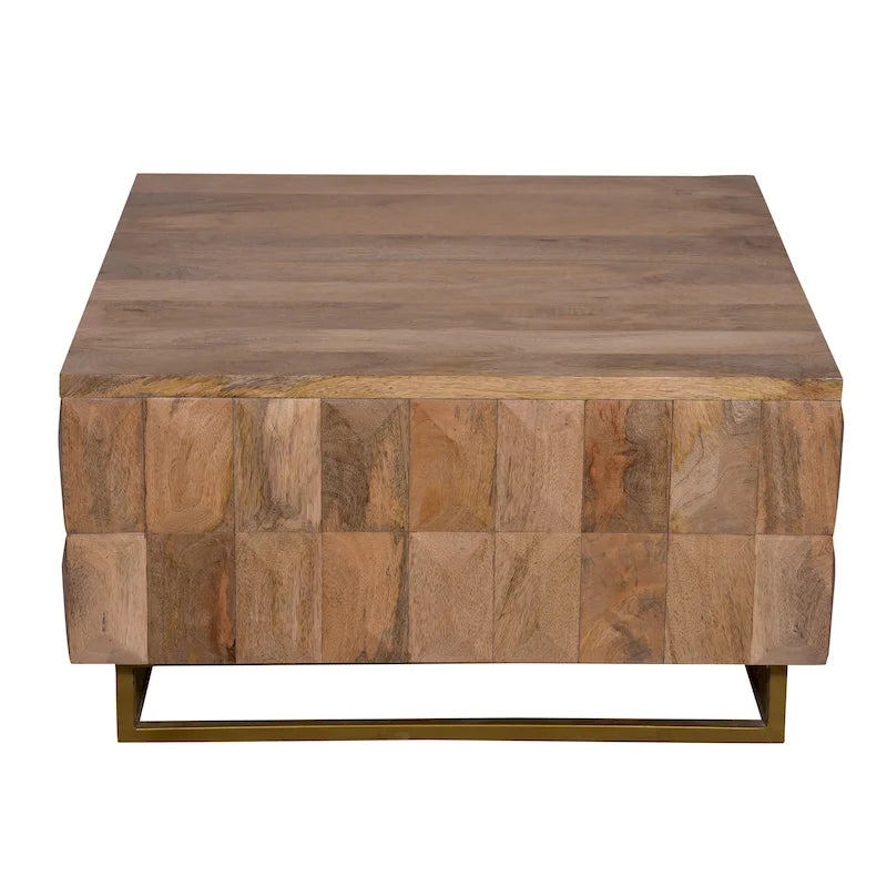 Table basse coffre de rangement à plateau relevable de 33 pouces, carrée, en bois de manguier, marron naturel