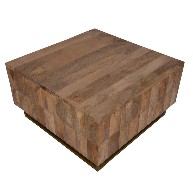 Table basse coffre de rangement à plateau relevable de 33 pouces, carrée, en bois de manguier, marron naturel