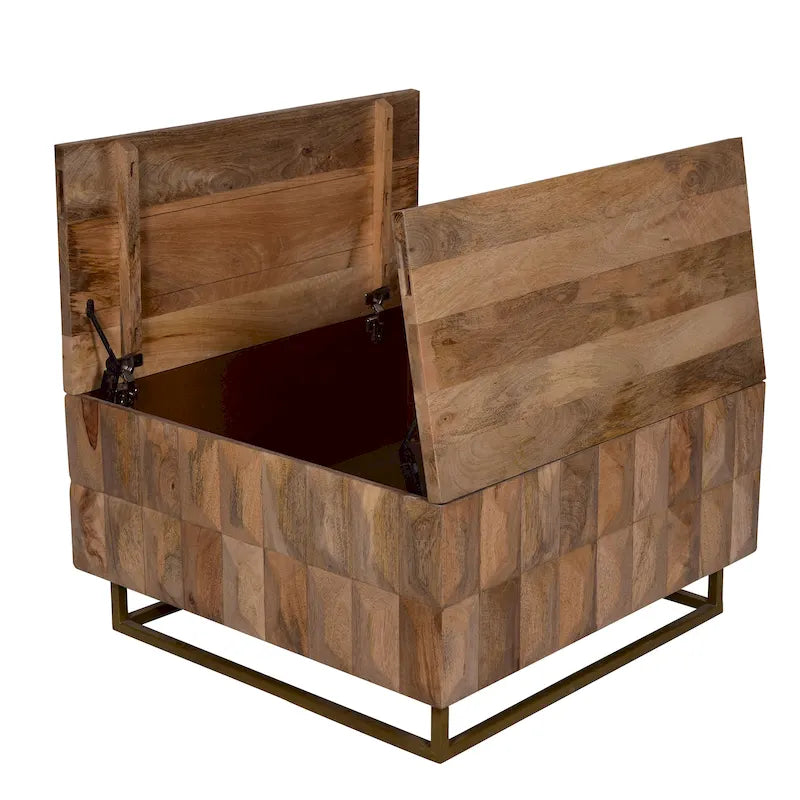 Table basse coffre de rangement à plateau relevable de 33 pouces, carrée, en bois de manguier, marron naturel
