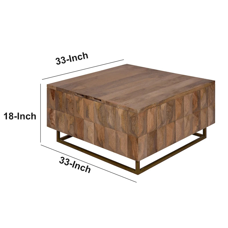 Table basse coffre de rangement à plateau relevable de 33 pouces, carrée, en bois de manguier, marron naturel