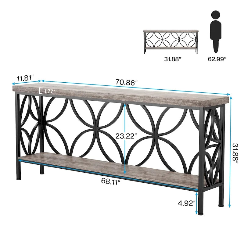 Tavolo da divano lungo 180 cm, tavolo consolle industriale - 180 L x 30 P x 81 A cm