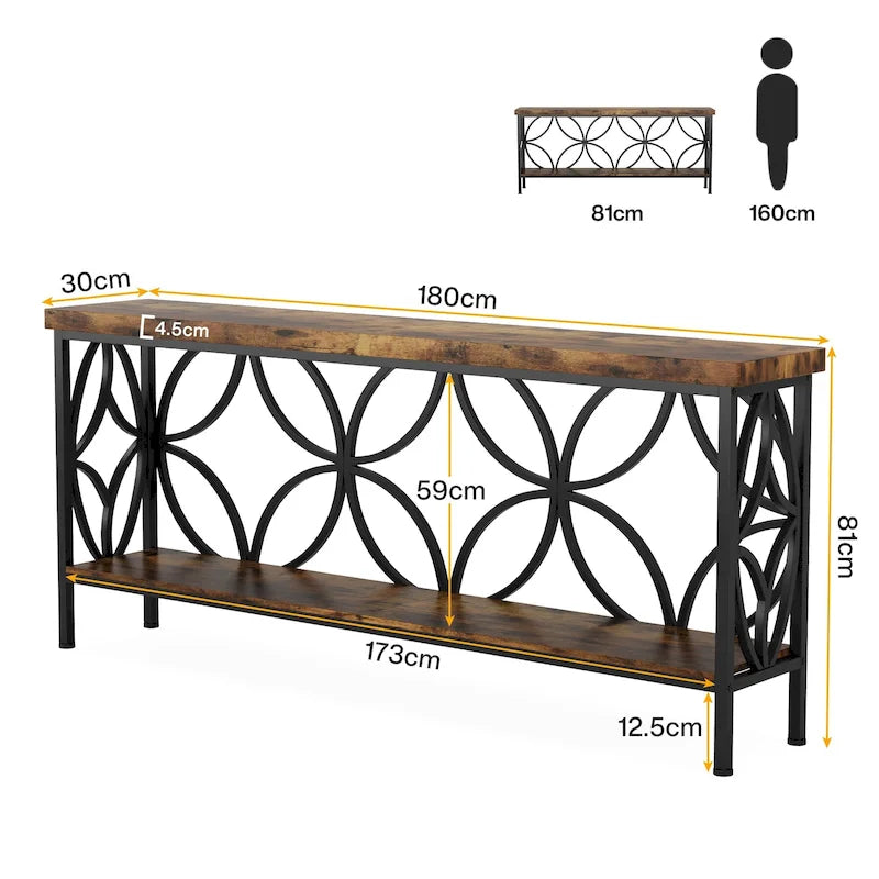 Tavolo da divano lungo 180 cm, tavolo consolle industriale - 180 L x 30 P x 81 A cm