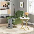 Tavolino d'appoggio/Comodino moderno piccolo e rotondo con struttura in metallo dorato e impiallacciatura in simil marmo in legno composito, per soggiorno