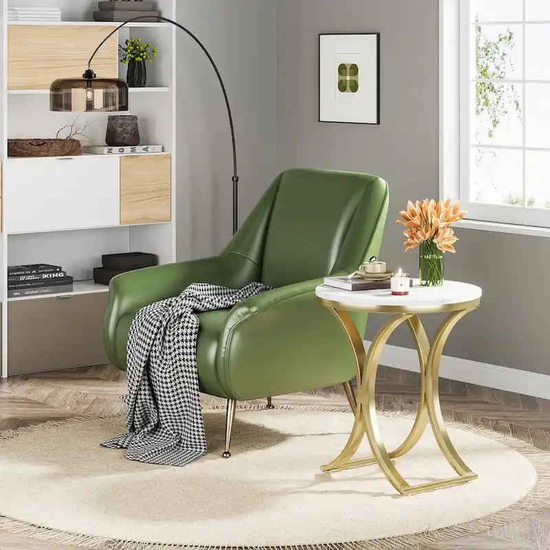 Tavolino d'appoggio/Comodino moderno piccolo e rotondo con struttura in metallo dorato e impiallacciatura in simil marmo in legno composito, per soggiorno