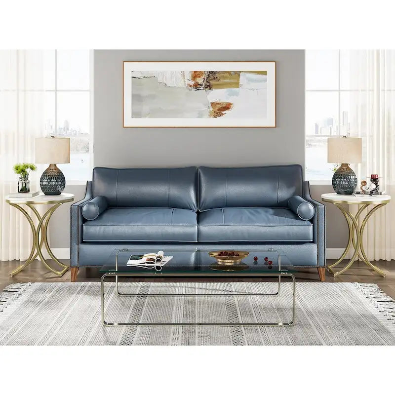 Tavolino d'appoggio/Comodino moderno piccolo e rotondo con struttura in metallo dorato e impiallacciatura in simil marmo in legno composito, per soggiorno