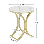 Tavolino d'appoggio/Comodino moderno piccolo e rotondo con struttura in metallo dorato e impiallacciatura in simil marmo in legno composito, per soggiorno