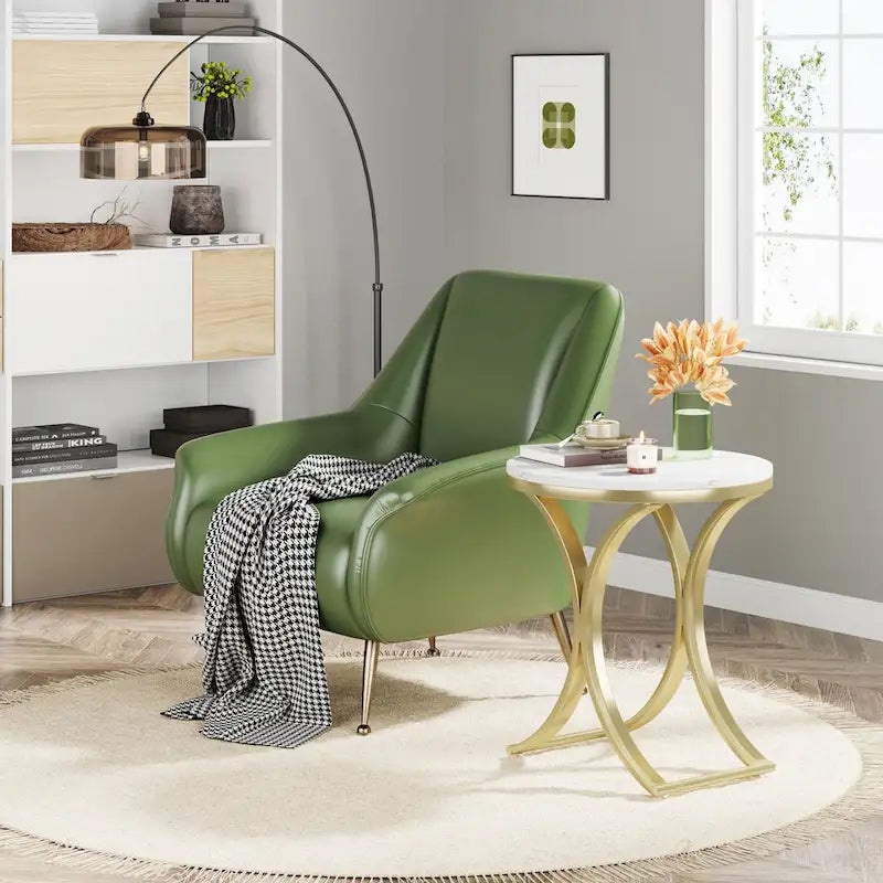 Tavolino d'appoggio/Comodino moderno piccolo e rotondo con struttura in metallo dorato e impiallacciatura in simil marmo in legno composito, per soggiorno