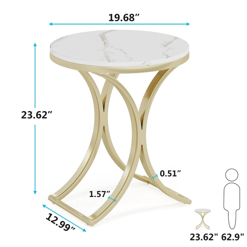 Tavolino d'appoggio/Comodino moderno piccolo e rotondo con struttura in metallo dorato e impiallacciatura in simil marmo in legno composito, per soggiorno
