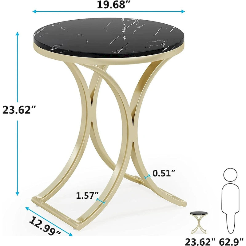Tavolino d'appoggio/Comodino moderno piccolo e rotondo con struttura in metallo dorato e impiallacciatura in simil marmo in legno composito, per soggiorno