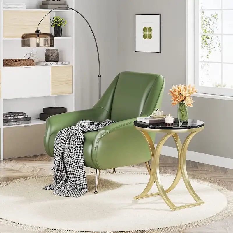 Tavolino d'appoggio/Comodino moderno piccolo e rotondo con struttura in metallo dorato e impiallacciatura in simil marmo in legno composito, per soggiorno