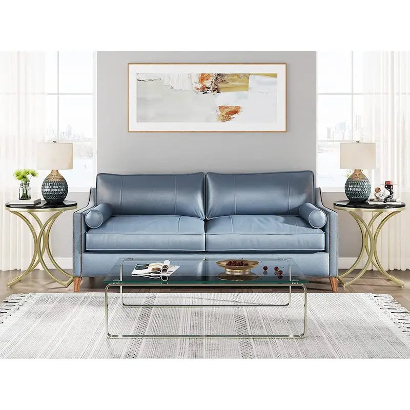 Tavolino d'appoggio/Comodino moderno piccolo e rotondo con struttura in metallo dorato e impiallacciatura in simil marmo in legno composito, per soggiorno